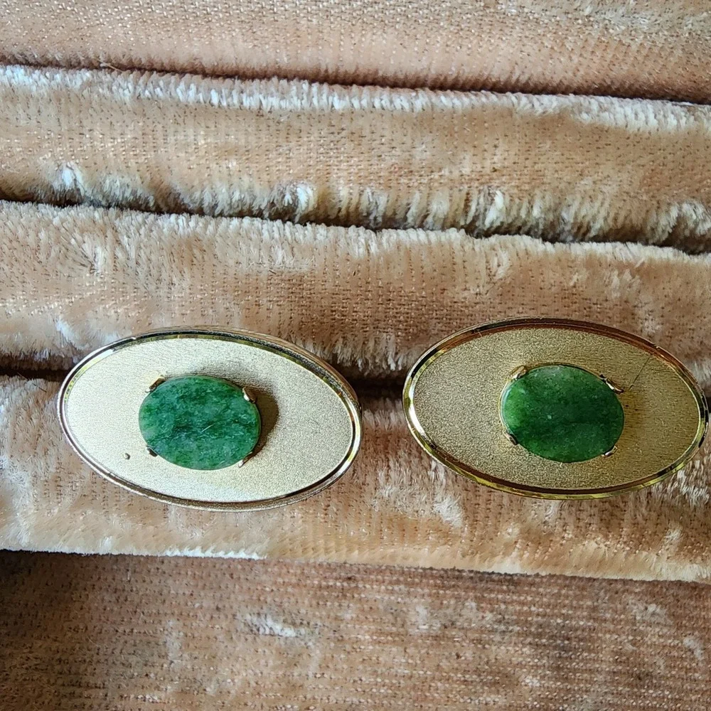 DANTE‎ Cufflinks Vintage Green Jade Stone Gold Tone Classic Menswear